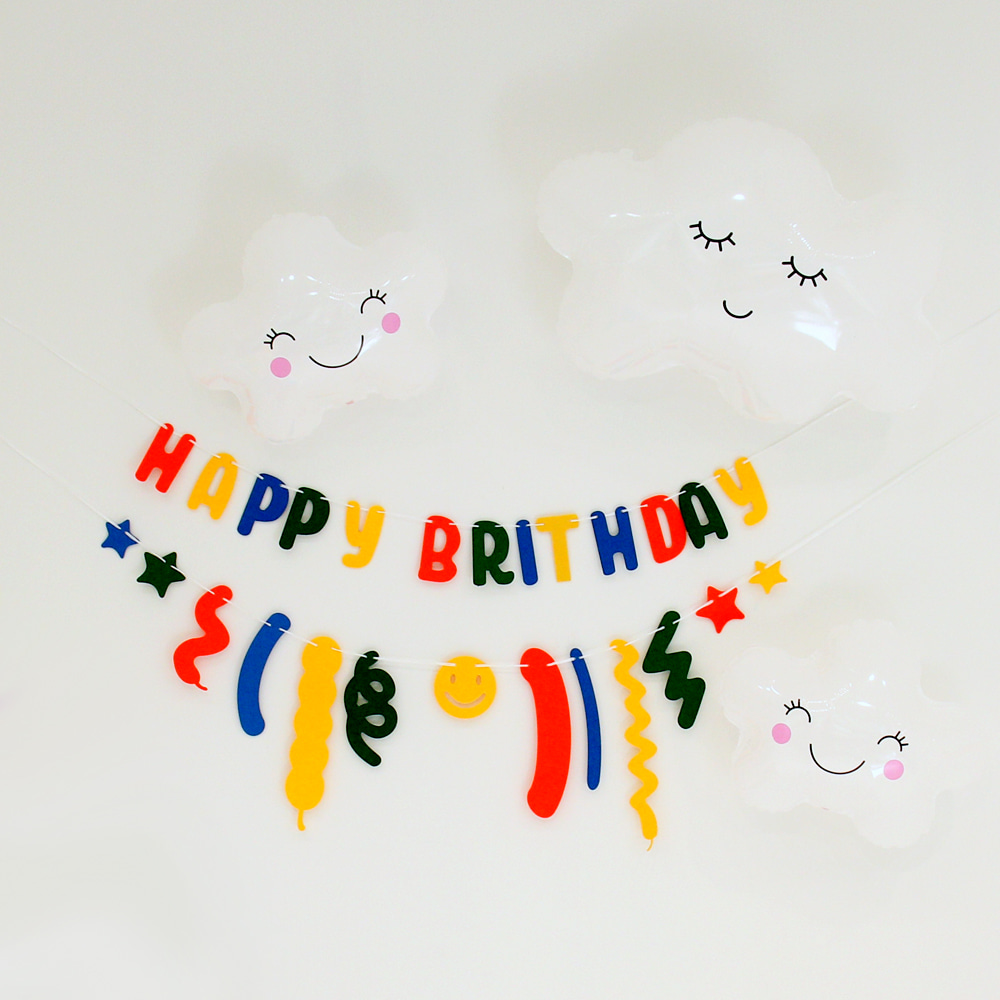 생일파티 구름풍선 3P+ 펠트 생일 가랜드 set